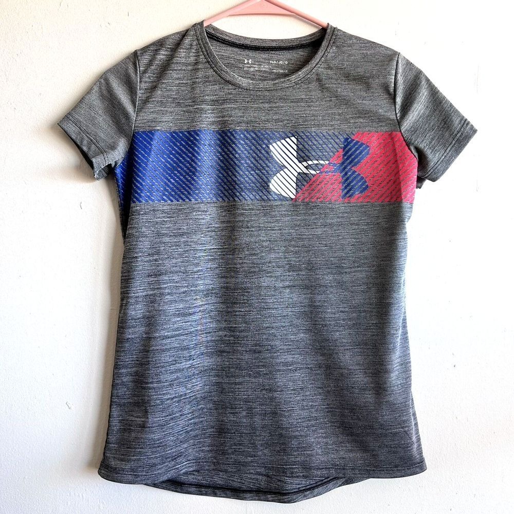 Under Armour Girls‎ Short Sleeve Athletic Top YLG JG G Gray/Pink/Blue Heat gear